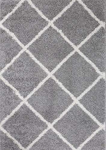 Hochflor Teppich Wohnzimmer Shaggy weich modern Rauten Muster Grau Anthrazit Creme Schwarz Rot Lila Beige, Farbe:Grau, Maße:200x280 cm