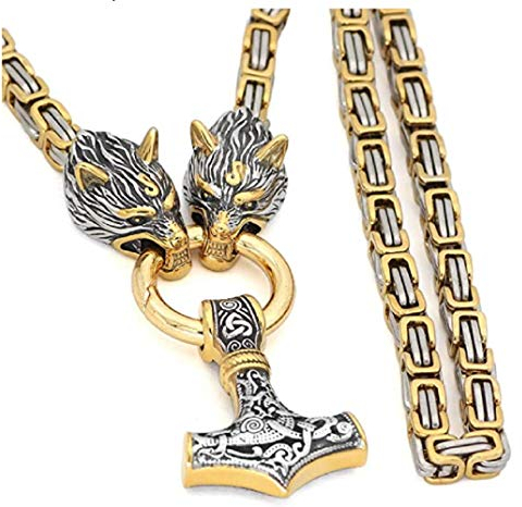 Prettyrosary Männer Viking Halskette | Wolf Head Norse Thor’s Hammer Viking Mjolnir Halskette | Viking Schmuck für Männer | Edelstahl King Chain Halskette Gold und platiniert (60 cm)