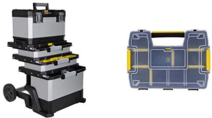 Stanley FatMax Rollende Werkstatt aus Metall-Kunststoff 1-95-622 & Sortmaster Doppelorganizer Werkzeugbox leer STST1-71197 – Stapelbarer Werkzeugkasten mit entnehmbare Einsätzen