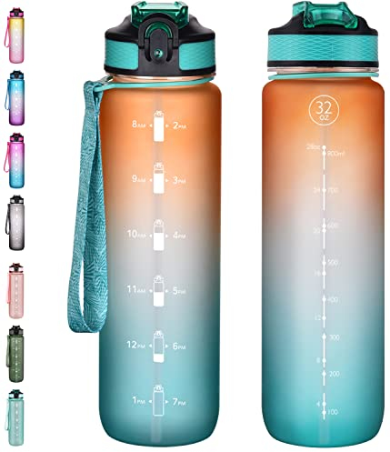NAVTUE 1L Water Bottle with Straw, Sports Drinks Bottle with Time Markings, Leak Proof, Tritan BPA free for School/Cycling/Running (OrangeGreen)