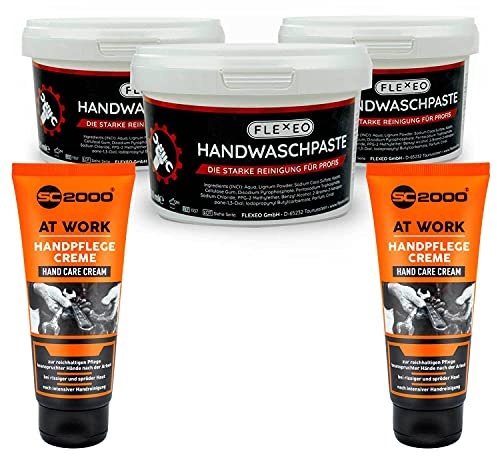FLEXEO Handwaschpaste - 3x Handwaschpaste gegen starke Verschmutzung wie Öl, Fett, Ruß, 2x Handcreme Männerhandcreme für trockene Hände