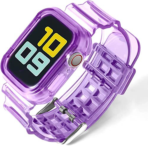 Fleshy Leaf Compatible with Apple Watch Bands Series SE 7 6 5 4 3 2 1, Clear Soft Silicone Strap with Bumper Protective Cases for Apple Watch Series 42/44/45 mm 38/40/41 mm (42/44/45 mm, Purple)