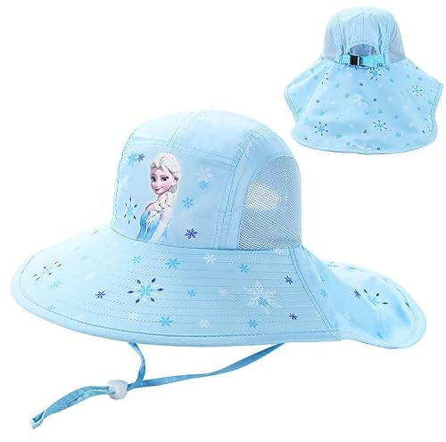 Fancyland ELSA Kinder Sonnenhut Mädchen Anna und ELSA UV Schutz Verstellbare breite Krempe Sommerhut mit Nackenschutz Herz Sonnenhut (2574-blue)