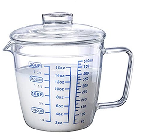 YJZQ Glass Measuring Cup With Lid Handle Kids Coffee Tea Milk Cup 500ml Pour Spout 17 oz Heat Resistant Microwave Glass Mug Clear Scaled Ounce Measure Jug Cup for Cooking Baking