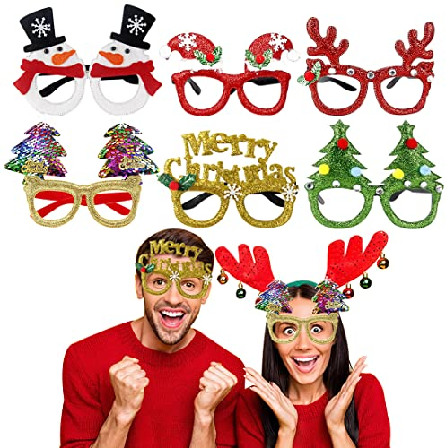 FUKPO 6 Stück Weihnachten Brille Rahmen, Weihnachtsgläser Weihnachtsbaum Brillengestell Geweih, Weihnachtsbrillen Kreative Lustige zum Weihnachten Party Deko für Erwachsene und Kinder