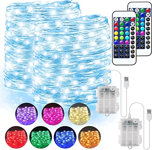 Lot de 2 guirlandes lumineuses LED colorées avec batterie et USB, 16 couleurs, 132 modes, guirlande lumineuse d'intérieur avec télécommande, 5 m, 50 LED, fonctionne avec piles pour Noël et fête