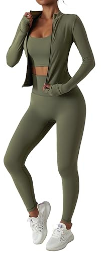 Yknktstc Womens Two Piece Tracksuit Set Long Sleeve Zipper Jacket with Athletic High Waist Leggings Workout Outfit, Army Green, Medium