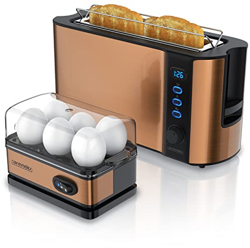 Arendo - SET Toaster FRUKOST mit Eierkocher SIXCOOK Edelstahl Kupfer – Toaster 2 Scheiben, LED-Display, 6 Bräunungsgrade, Brötchenhalter - Eierkocher 1-6 Eier, Messbecher