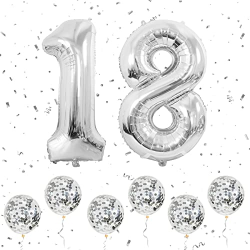 Palloncini Numero 18 Argento, Palloncini Numero 1 e 8 Grandi in Lamina 40 Pollici con 6 Palloncini Elio Coriandoli Argento, Palloncino 18 Compleanno per Ragazze Ragazzi Feste Romantiche Anniversario