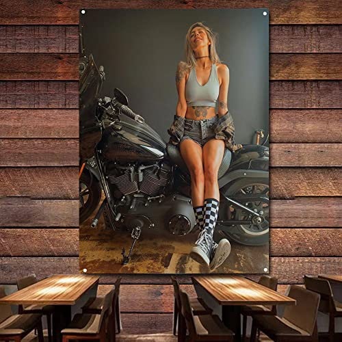 Retro Motorrad Banner Flagge Sexy High Heels Babes Werkstatt Garage Poster Wandkunst Dekor Tapisserie Vintage Schild Mann Höhle Pub Club 96 x 144 cm W17