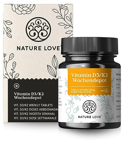 Vitamin D3 K2 Wochendepot - 180 vegane Tabletten - 7000IE D3 + 140µg K2 pro Tablette mit >99,7% all-trans - Hochdosiert & vegan - Laborgeprüft, in Deutschland produziert