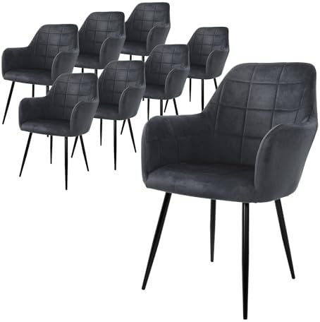 ECD Germany 8er Set Esszimmerstühle mit Rücken- und Armlehnen, Dunkelgrau, Küchenstühle mit Samtbezug, Polsterstühle mit Metallbeinen, Ergonomische Stühle für Esstisch, Wohnzimmerstühle Esszimmerstuhl