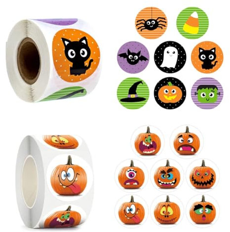 KGDUYC Decorazioni per Halloween,Adesivi per Feste e Compleanni per Bambini,1000 Adesivi di Halloween, 2 Stili di Adesivi da 2,5 cm Adesivi Zucca per Album di Ritagli per Feste a Tema Halloween