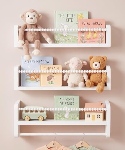 Maxpeuvon Kinder-Bücherregale, 3er-Set, Naturholz, schwebende Regale Weiß | Wandhalterung, Aufbewahrung, Organizer, Regal mit Handtuchstange Mittlere Größe