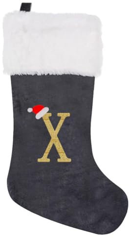 GOXAEEE Weihnachtsstrümpfe, Monogramm-Weihnachtsstrümpfe, 45,7 cm, klassische Weihnachtsstrümpfe für Kinder und Erwachsene, Urlaubsparty, hängende Dekoration, Grau, X