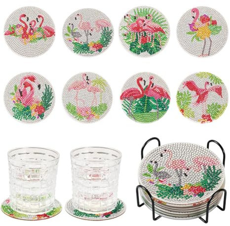 Craftdady 8 x Flamingo-Untersetzer, 5D-Diamant-Malerei-Untersetzer-Set mit Halter zum Basteln, Esstisch, Bar, Kaffee, Weinbar, Party-Dekoration