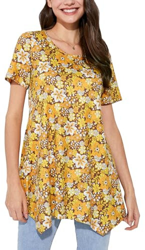 Enmain Tunica Magliette Donna Maniche Corta Estiva Gialla Maglia Donna Lunga Taglie Forti Casual Blusa Camicia Floreale Scollo Tondo Elegante XL