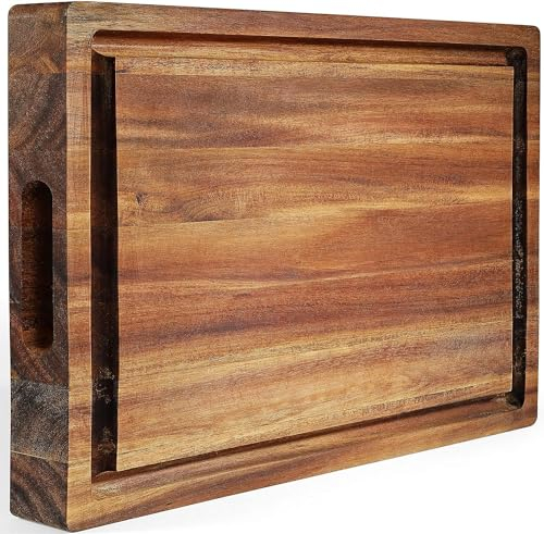 Acacia Wood Cutting Board (17x13x1.5in) and Wooden Butcher Block, Chopping Board - Reversible Multipurpose For Meat, Cheese Board, Vegetables, Bread...with Juice Groove, Cracker Holder & Inner Handles
