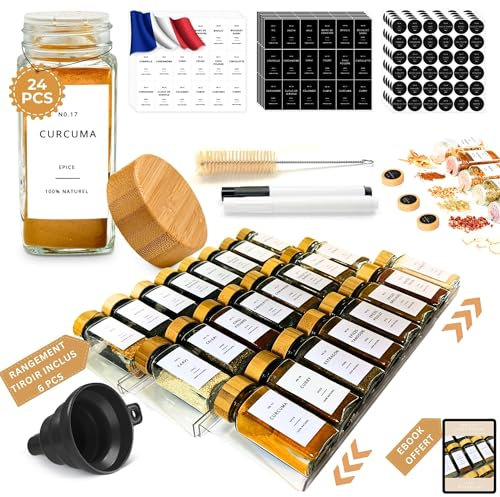 Wakdream® Set Complet Rangement Epices Cuisine Tiroir Avec 24 Pot à Epices en Verre et Bois 120ml | Sans BPA, Bambou Naturel I Rangement Tiroir de 30 à 60 cm I 200 Étiquettes Françaises I Ebook OFFERT