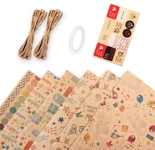 Feuilles Papier Cadeau Kraft,6 Feuilles 50 * 70CM Papier Cadeau D'anniversaire Papiers Cadeaux Recycle avec étiquettes+Ruban Adhésif Double Face+corde de paille pour sacs cadeaux emballage décoration