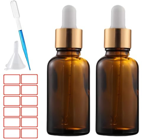 ToKinCen 2 x 30 ml Dropper Bottle Amber Glass Bottles with Glass Pipette Essential Bottles Small Sample Dropper Bottles Refillable with Plastic Funnels and Labels