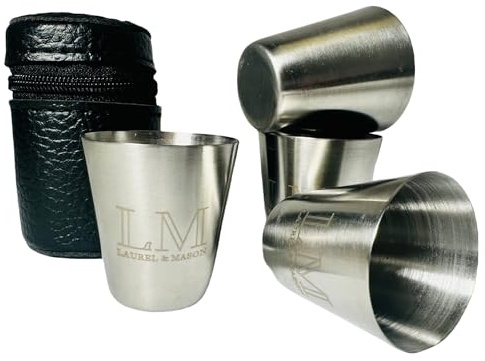 Laurel & Mason 4 x 30 ml Edelstahl-Schnapsgläser mit Etui, tragbares Schnapsglas-Set für Camping, Wandern, Picknick, Reisen