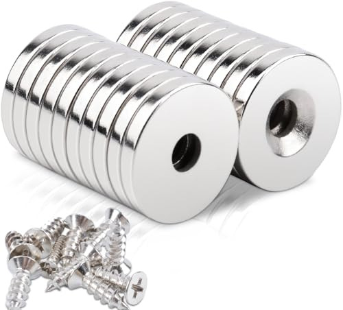20 Stück Neodym Magnete Extra Stark 20x3 mm Blende 5 mm, Senkkopf Rundmagne Magnete Mit Loch, Magnete Stark Flach Klein, Magnet mit Schrauben Topfmagnet für Küchenschrank, Garage, Küchen