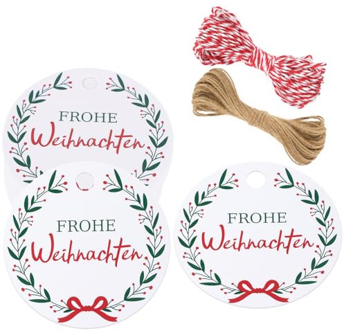 jijAcraft Frohe Weihnachten Anhänger, 100 Stück Geschenkanhänger Weihnachten, Rund Kraftpapier Etiketten Weiß 5 cm Papieranhänger zum für Adventskalende DIY Weihnachten Deko Geschenke Verpackung