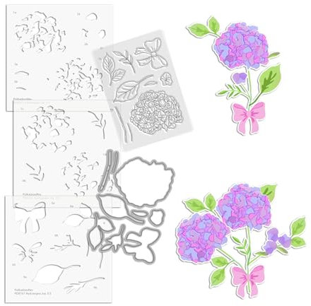 Hydrangea Ribbon Clear Stamps, Outline Cutting Dies and Layering Stencils Bundle - Card Making, Crafts, Scrapbooking
