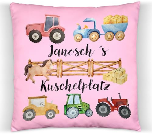ZauberPrints Traktor Kissen mit Name – Bauernhof Deko für Jungen | Kuschelkissen mit Traktor & Bauernhof · 37x37 cm · Baumwolle · Kinderzimmer-Deko · zur Geburt, Taufe & Geburtstag