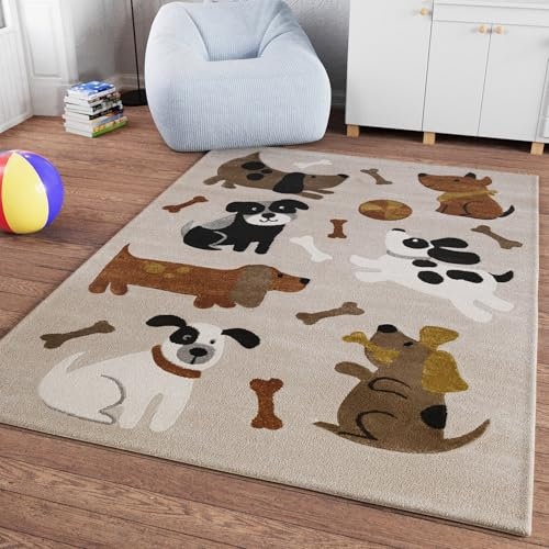 Smart Kids Gewebter Kinderteppich Spannende Abenteuer mit fröhlichen Hunde Motiven – Rocky & Friends (80 x 150 cm, Sand beige meliert)