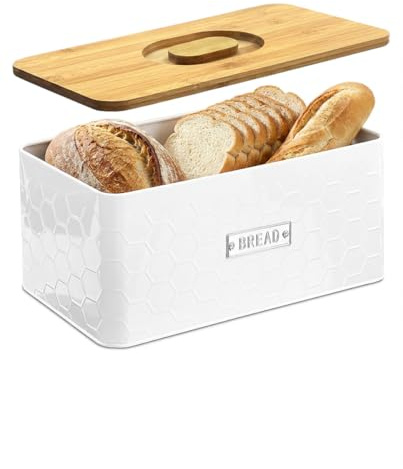vensovo Bread Box for Countertop, Small White Metal Bin with Bamboo Lid