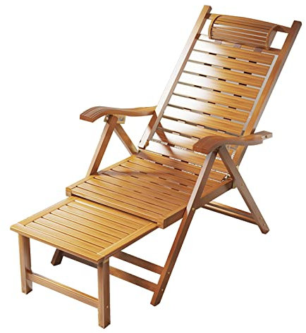 Silla plegable de madera con reposapiés telescópico y alfombrilla de algodón desmontable para patio al aire libre, piscina, camping, portátil y cómoda (color madera)