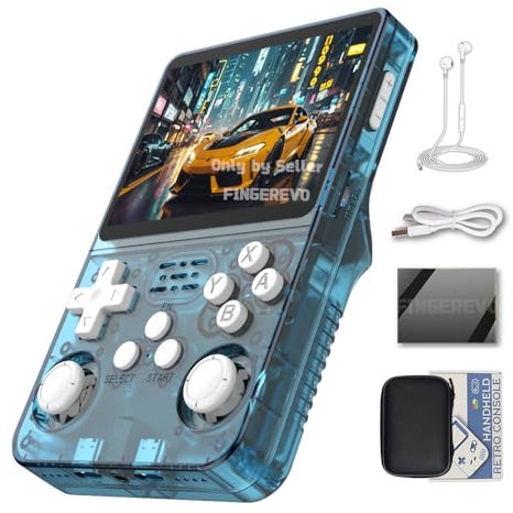 R36S - Consola de juegos portátil de 3.5 pulgadas, 640 x 480, pantalla IPS OCA, 3200 mAh, sistema de código abierto, RK3326, azul transparente