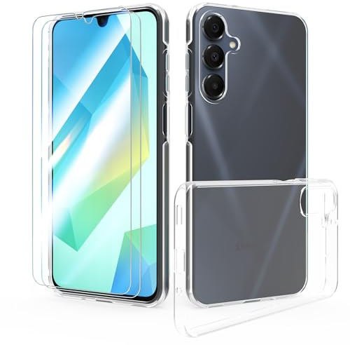 SMYTU Coque Samsung Galaxy A16 4G / 5G (6.7) Transparente + 2 Verre trempé écran Protecteur,Souple TPU Housse Étui de Protection Absorption de Choc avec Coin Renforcé Bumper Cover - Trasparente