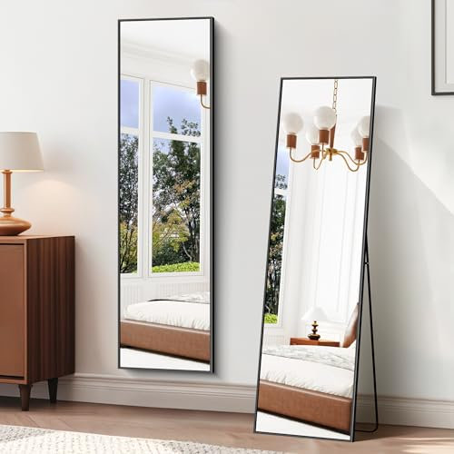 BONEWEI Ganzkörperspiegel 150 x 40 cm, Rechteckiger Standspiegel mit Schwarzem Aluminiumrahmen, Groß Wandspiegel Bodenspiegel für Schlafzimmer, Eingangsbereich, Flur, Heimdekorationn