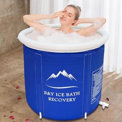 B&Y 80cm Ø Large Faltbare Eisbad Aufblasbare Badewanne Erwachsene für Athleten und Sportler, 377L Freistehende Ice Tub Mobile Eisbaden Tonne Eisfass für Outdoor (Dunkelblau)