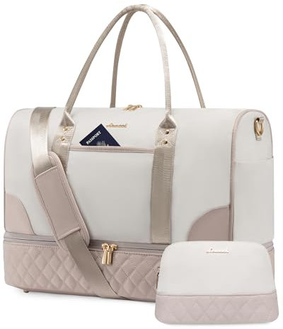 LOVEVOOK Reisetasche Damen Weekender Bag mit Schuhfach & Nassfach, 2-teiliges Set Travel Duffle Sporttasche Groß, Handgepäck Tasche für Flugzeug Reisen Gym Yoga, Beige & Khaki, L