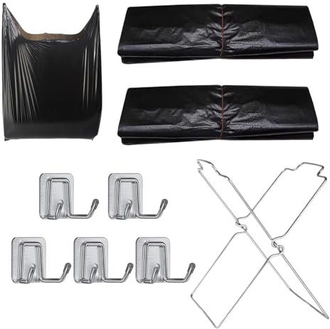 hssopa Foldable Trash Bin, Garbage Bag Rack, Outdoor Portable Rubbish Bag Rack, Foldable Bin Stand for Camping Picnic BBQ, Pack of 100 Bin Liners with Carry Handle (Rubbish Bag Holder Stand, L)