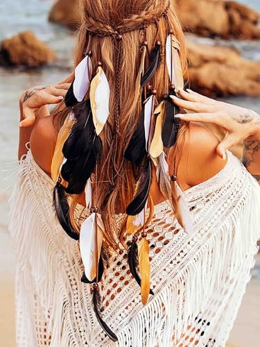 Fashband Bandeau à plumes bohème avec pampilles indiennes, hippie, tribal, festival, accessoire de cheveux pour femme (noir, taille unique)