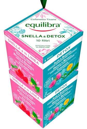 Equilibra Cofanetto Tisane Snella & Detox 100% Ingredienti Funzionali e Naturali con Aloe Tarassaco Betulla per Equilibrio del Peso Funzione Digestiva e Drenaggio Liquidi - 20 Filtri