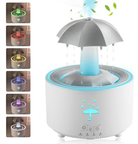 Umbrella Rain Humidifier, Umbrella Diffuser with Rain Effect, 300ml Essential Oil Rainfall Humidifier, 7-Colour LED Rotating Aromatherapy Diffuser with Remote Control & Auto Shut-Off Bedroom (White)