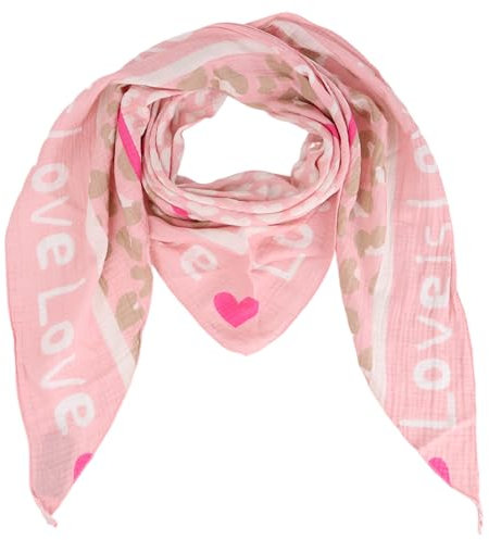Damen Musselin Halstuch Made in Italy mit Leo Love Happy– Leichtes Dreieckstuch für Frühling & Sommer, Baumwolle, ca.195x85 cm (Love Rosa)