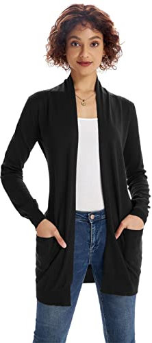 GRACE KARIN Damen Strickmantel Lang Sweater Langarm Offene High Stretchy Casual Herbst Cardigan mit Taschen S Schwarz