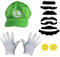 GWAWG Mario Luigi Kostüm-Sets, Mario-Hut, Luigi-Hut, Schnurrbart, weiße Handschuhe, Kostümzubehör, Mario Bros, Verkleidung für Erwachsene, Kinder, Halloween, Karneval, Cosplay, Geburtstagsparty (grün)
