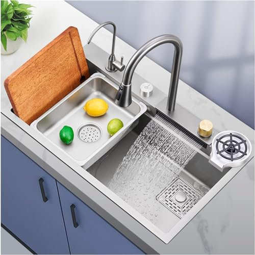 Fregadero de Cocina en Cascada con Grifo extraíble, Fregadero de Acero Inoxidable de un Solo tazón Integrado con Grifo lavaplatos, estación de Trabajo, para el hogar, Lavabo para v