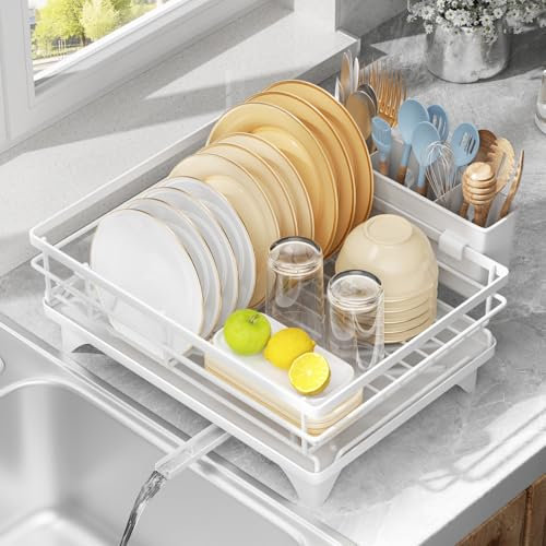 LIONONLY Dish Drainer Rack with Drip Tray, Space Saving Dish Rack, Sink Drainer Rack, Large Draining Board Rack, Drying Rack Kitchen for Utensils Plates Bowls