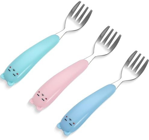 JEYORZY 3 Pcs Forchetta Bambini Inossidabile Posate per Bambini Acciaio, Lavabile In Lavastoviglie senza BPA con supporto in silicone design anti-soffocamento per Neonati, Bambini, Ragazzi, Ragazze
