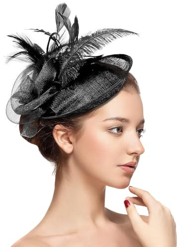 Joyincoser Fascinator Damen Hut mit Haarclip Blume, Mesh, Organza-Bändern Federn auf Haarreif für Cocktailparty Hochzeit Kirche Abendanlässe