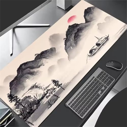 Tapis de Souris Gaming Bateau de Montagne,Grand Tapis de Souris 1200x600x3mm,Gamer Mouse Pad avec Coutures sur Les Bords,Tapis Bureau Antidérapant pour Gamer,Ordinateur,PC